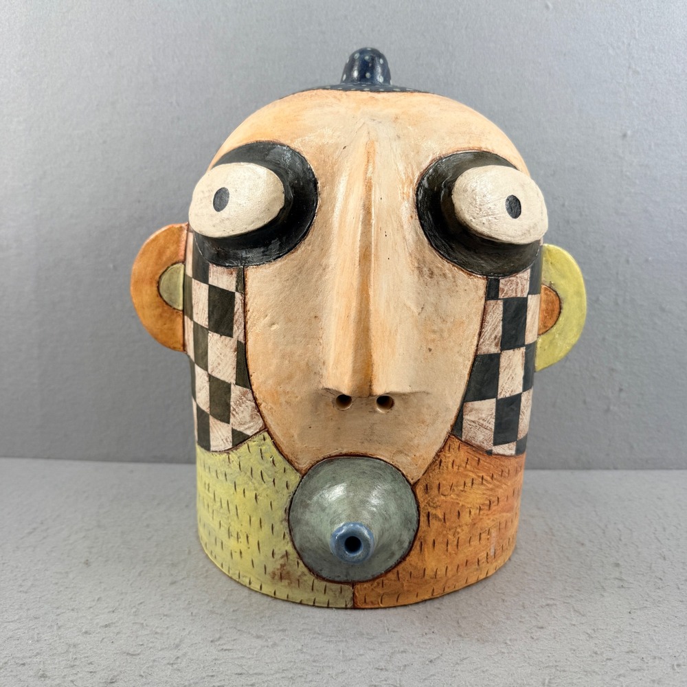 Kim Murton Studio Pottery Ceramic Sculpture Hand Built Checkerboard‎ Head 13"